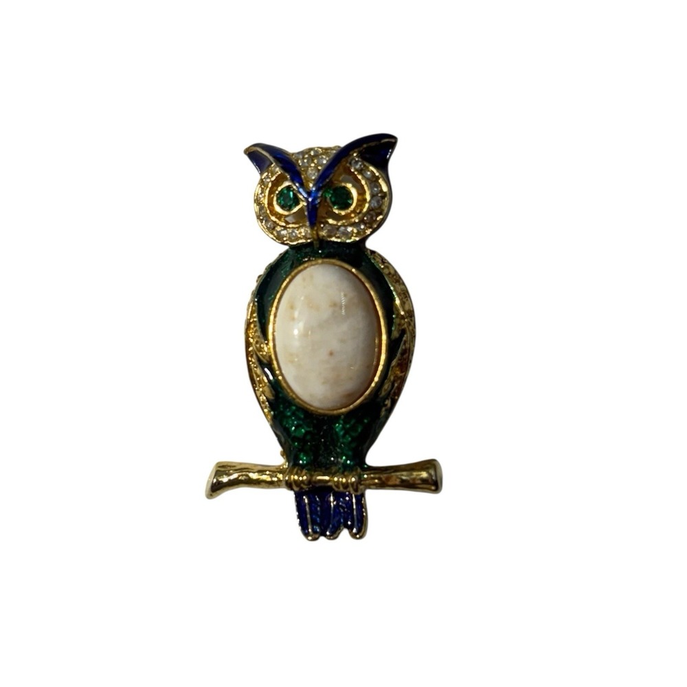 Vintage Gold Tone Faux Stone Stomach Green Blue Rhinestone Owl Bird Brooch Pin